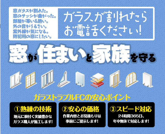 [スマホ用画像]緊急の窓ガラス修理･交換>24時間365日対応｡ガラストラブル愛知県豊橋市にお任せ